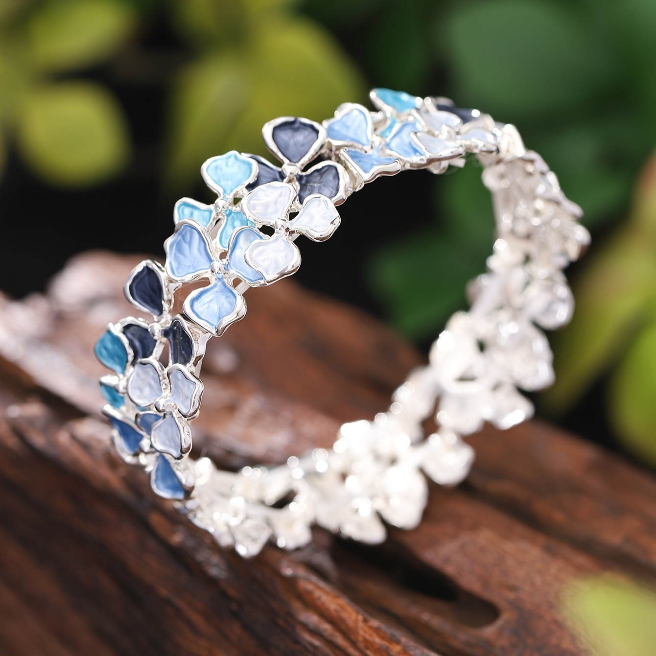 Elegant Hydrangea Enamel Flower Open Bangle, Adjustable